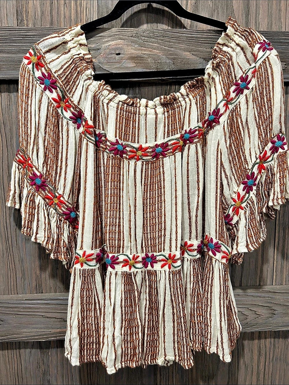 Ivy Jane Embroidered Striped Blouse in White & Brown Size Small/Medium - Picture 2 of 4